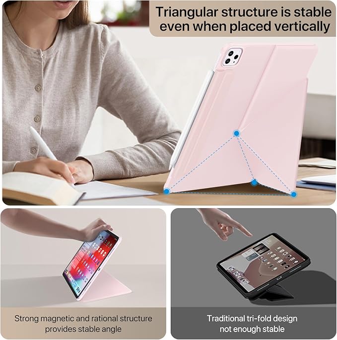 for iPad Pro 11 Inch Case M4 2024, Slim Full Edge Protective with Foldable Cover and Hidden Pencil Holder Magnetic Case (Pastel Pink, iPad pro 11 inch)