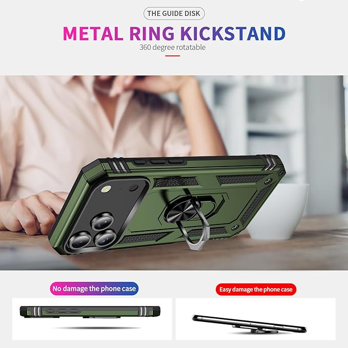ADDIT Compatible with iPhone 17 Pro Max Case with Tempered Glass Screen Protector, Adjustable Kickstand Ring, Military-Grade Heavy Duty Protection, Shockproof, Anti-Fingerprint,ArmyGreen
