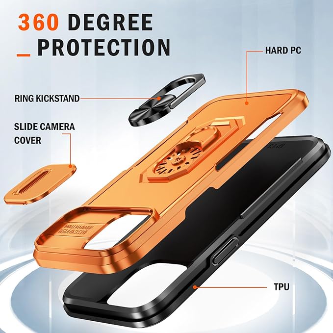 Phone Case for iPhone 14 Case with Camera Lens Cover, with Ring Holder Kickstand, fit Magnetic Car Mount, for iPhone 14 - Orange