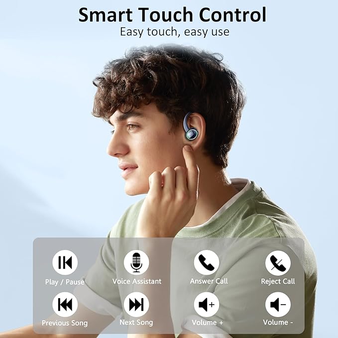 Wireless Earbuds, Bluetooth 5.4 Headphones Sports, 50H Playback Over-Ear Buds with ENC Noise Cancelling Mic, Deep Bass Fitness Earphones with Earhooks, IP7 Waterproof Headset for Running, Blue