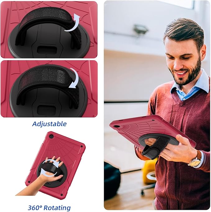 Case for Samsung Galaxy Tab A9 8.7 Inch 2023, 360° Rotating Stand, Hand Strap&Shoulder Strap Case for Samsung A9 Tablet(SM-X110/X115/X117) (Rose Red)