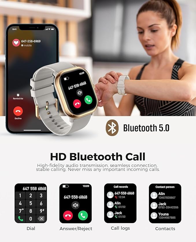 Smartwatch(Answer/Make Call), 1.96" Smart Watches for Women with 100 Sport Modes, IP68 Waterproof Fitness Tracker Compatible with iOS and Android (Gold Gray, 1.96)