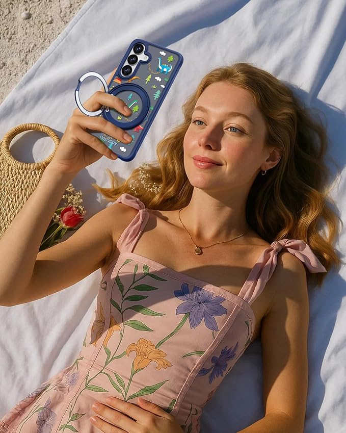 for Samsung Galaxy A16 4G/5G Case with 360° Rotatable Magnetic Ring - Semi-Transparent Anti-Fingerprint Soft-Touch Material Shockproof, Cute Dinosaur Design for Women Girl