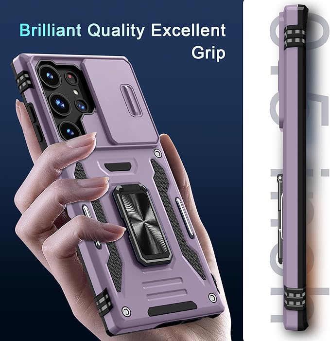 DEERLAMN Case for Samsung Galaxy S25 Ultra with Slide Camera Cover+Screen Protector (1 Pack), Rotated Ring Kickstand Military Grade Shockproof Protective Cover-Deep Purple