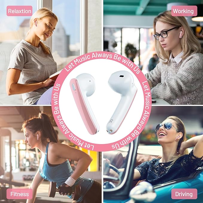 Wireless Earbuds, Bluetooth Headphones Stereo Ear Buds with Noise Cancelling Mic, 50H Playback with LED Display Charging Case, IP7 Waterproof in-Ear Earphones for Phone Laptop Sports, Pink