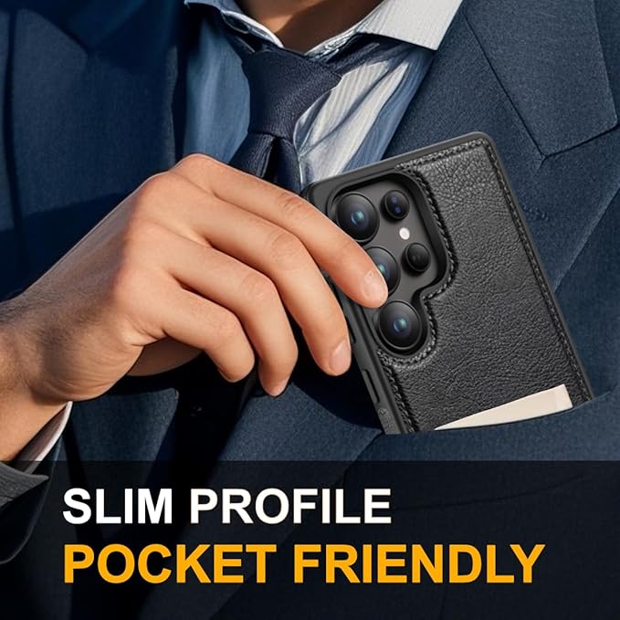 for Galaxy S25 Ultra Leather Case, Built-in Foldable Alloy Stand, with Camera Lens and Screen Protector, Slim Shockproof Kickstand Phone Cover 2025 (Black)