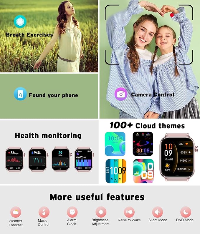 Men's Women's Smart Watch,1.96-inch HD Touchscreen Smartwatch,100+ Sports,Blood Pressure,Heart Rate,Blood Oxygen,Sleep Monitoring,IP68 Waterproof Fitness Tracker,Android iOS iPhone (Pink)