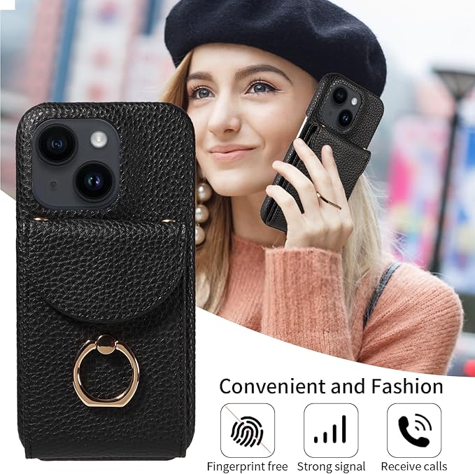 for iPhone 14 6.1 inch Organ Wallet Case with Tempered Glass Screen Ring Buckle Shoulder Strap PU Leather Flip Purse Card Holder Stand Phone Cover for iPhone14 5G i i-Phone i14 14Case Black