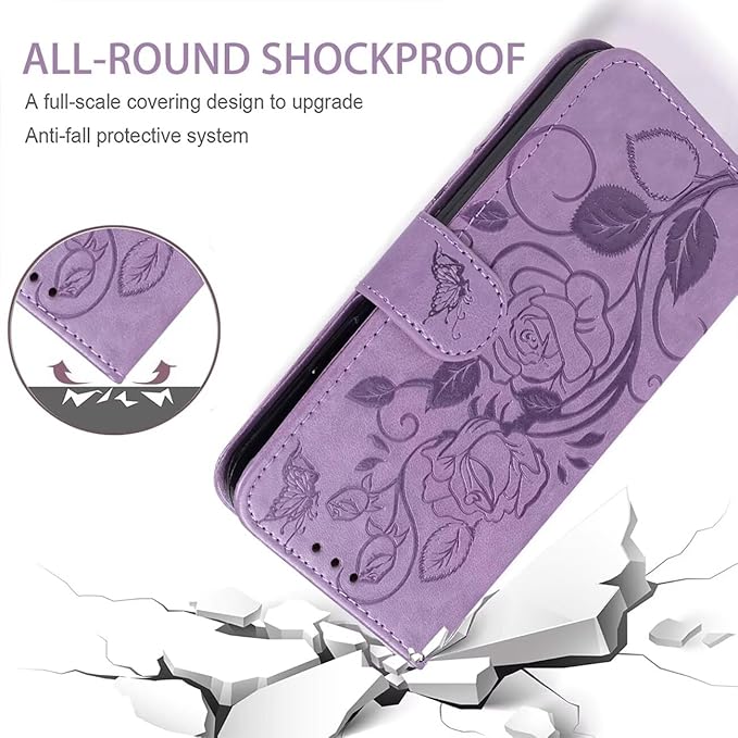 Case for iPhone 13 Case, iPhone 14 Wallet Case with Tempered Glass Screen Protector, Flower Leather Flip Credit Card Holder Stand Phone Cover Cases for iPhone 14 Purple