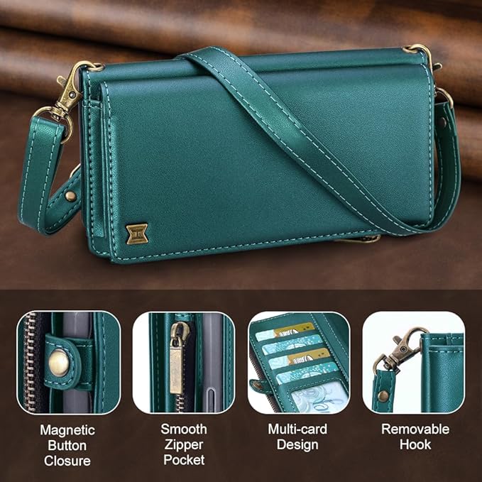 for iPhone 17 Pro Max Wallet Phone Case with 8 Card Holder,RFID Blocking | PU Leather | Kickstand | Flip | Wrist Strap&Shoulder Strap | Shockproof | Zipper Wallet | Women Men | 6.9" | Green