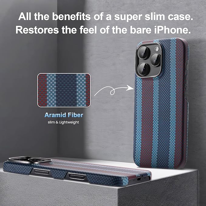 Aramid Fiber Case for iPhone 16 Pro, Compatible with Magnet, Slim & Light, Case-Less Touch Feeling, Red-Blue Stripes