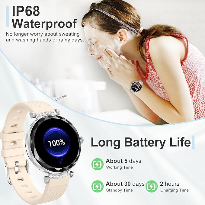 Smart Watches for Women Answer/Make Call, 1.19" AMOLED Smartwatch with Bluetooth for Android iOS Phones, IP68 Waterproof Fitness Tracker with Heat Rate Blood Pressure, 120+ Sports, Silver