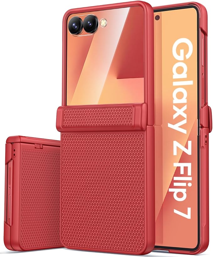 Vihibii for Samsung Galaxy Z Flip 7 Case with Hinge Protection & Outer Screen Protector & Non-Slip Texture, Compatible with Wireless Charging, Shockproof Case for Galaxy Z Flip 7 2025, Vermilion Red