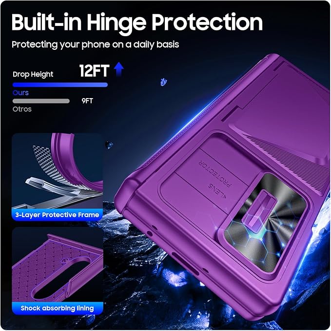 for Samsung Galaxy Z Fold 6 Case with Card Holder, Built in RFID Blocking & Slide Camera Cover & Hinge Protection & Full-Body Rugged Shockproof Wallet Case for Galaxy Z fold 6,Purple