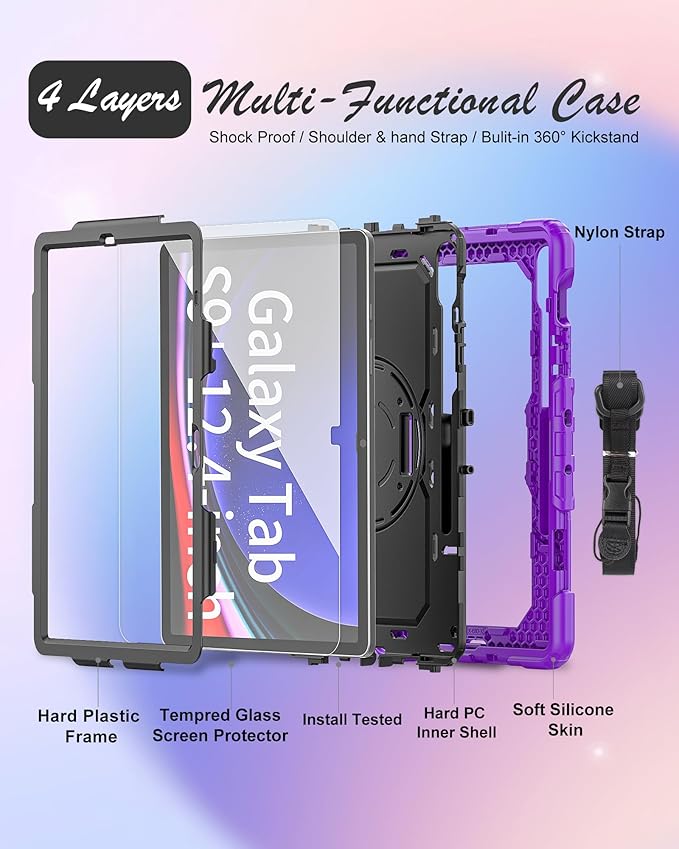 Case for Samsung Galaxy Tab S10 Plus/ S9 FE Plus/ S9 Plus 12.4" Tablet Case with Tempered Glass Screen Protector, Rotating Kickstand, S Pen Holder, Hand & Shoulder Strap (Purple)