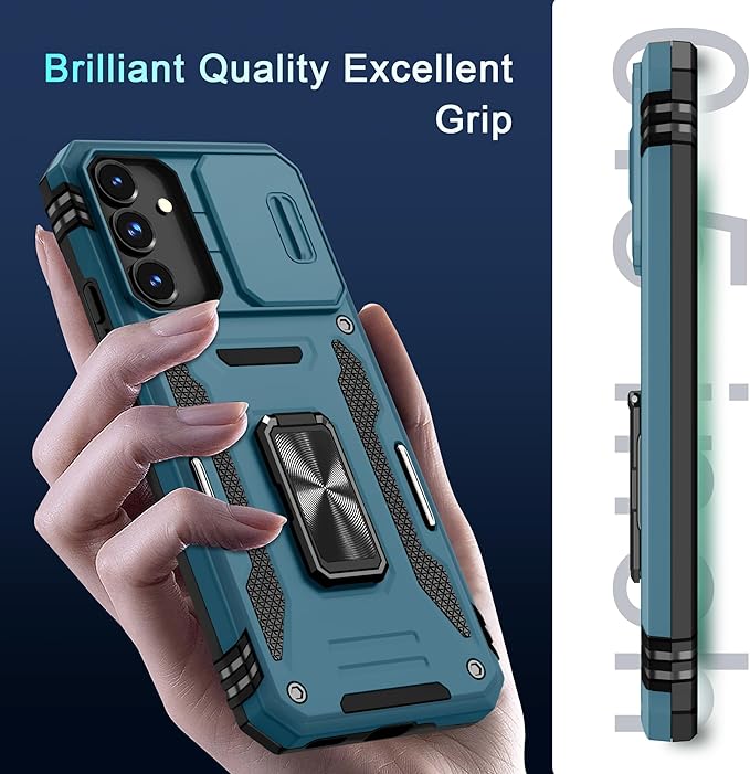 DEERLAMN Case for Samsung Galaxy S25 6.2-Inch with Slide Camera Cover+Screen Protector (1 Pack), Rotated Ring Kickstand Military Grade Shockproof Protective Cover-Light Blue