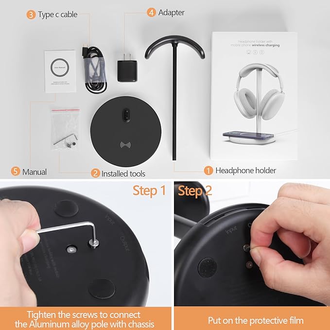 Headphone Stand with Wireless Charger, Gaming Headset Holder Hanger Rack 2 IN 1 Wireless Charging Station Dock for iPhone 15/14/13/12/11 Series, Samsung, AirPods Pro/3/2 and Desk All Headphones, Black