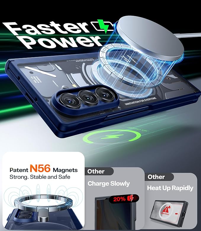 TORRAS Upgraded Magnetic Shockproof for Samsung Galaxy Z Fold 7 Case with Screen Protector, Fit for Magnetic, 4X Military Grade Hinge Protection, Translucent Slim Case for Samsung Z Fold 7, Blue