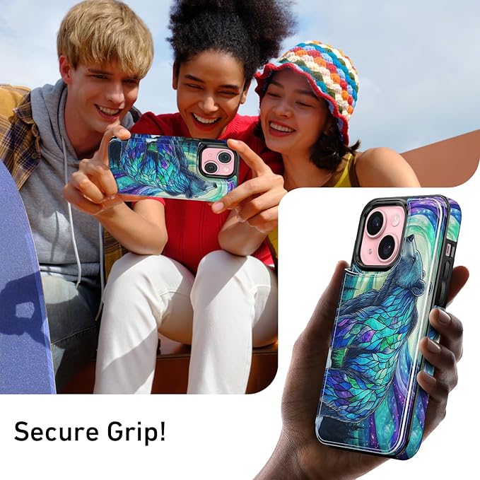 FUNMIKO for iPhone 14 Wallet Case with Card Holder, RFID-Blocking, Military-Grade Protection & UV-Printed Artwork, Magnetic Closure with Leather Kickstand - Prismatic Aurora Bear