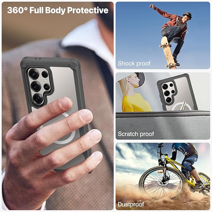 CENHUFO Magnetic Privacy for Samsung Galaxy S25 Ultra Case, Full Body Phone Case with Built-in 9H Tempered Glass Privacy Screen Protector and Camera Lens Cover, Shockproof Protective Bumper - Grey