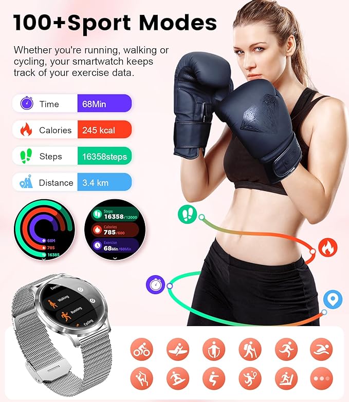 SUNKTA Smart Watch for Women, 1.32" AMOLED Smart Watches, 100+ Sports Mode Fitness Tracker Watch, 5ATM Womens Waterproof Watches with Bluetooth Calling/IP68/Sleep, Smartwatch for Android iOS