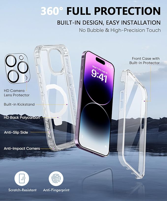 Compatible with iPhone 14 Pro Case, Built-in Screen Protector & Seamless Stand, with Camera Lens Protector, Strong Magnetic Clear Phone Case, Full Body Protective Cover for 6.1" (Clear)
