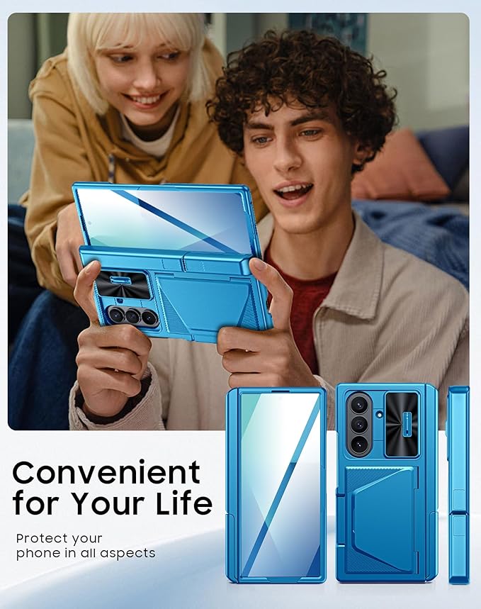 for Samsung Galaxy Z Fold 7 Case with Card Holder RFID Blocking, Built in Slide Lens Cover & Hinge Protection & Kickstand & Screen Protector, Shockproof Wallet Case for Z Fold 7 (Lake Blue)