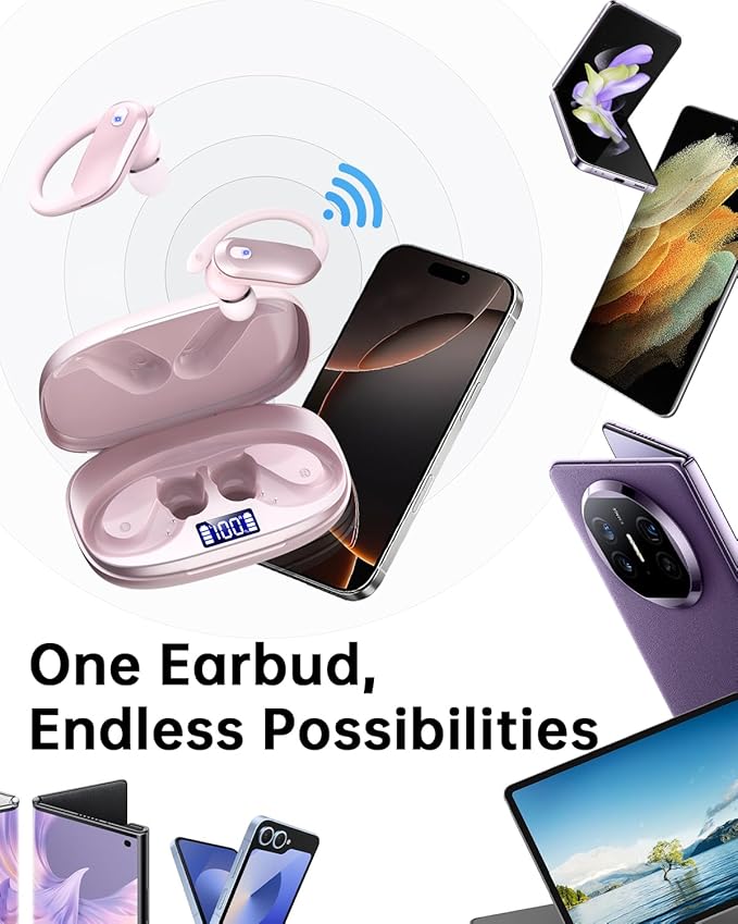 NDO Bluetooth 5.3 Wireless Earbuds with Earhooks,Sport Headphones 48H Playtime,Lightweight Design,ENC Mic,IPX7 Waterproof,Type-C Fast Charging,Perfect for Workout and Daily Use-Pink