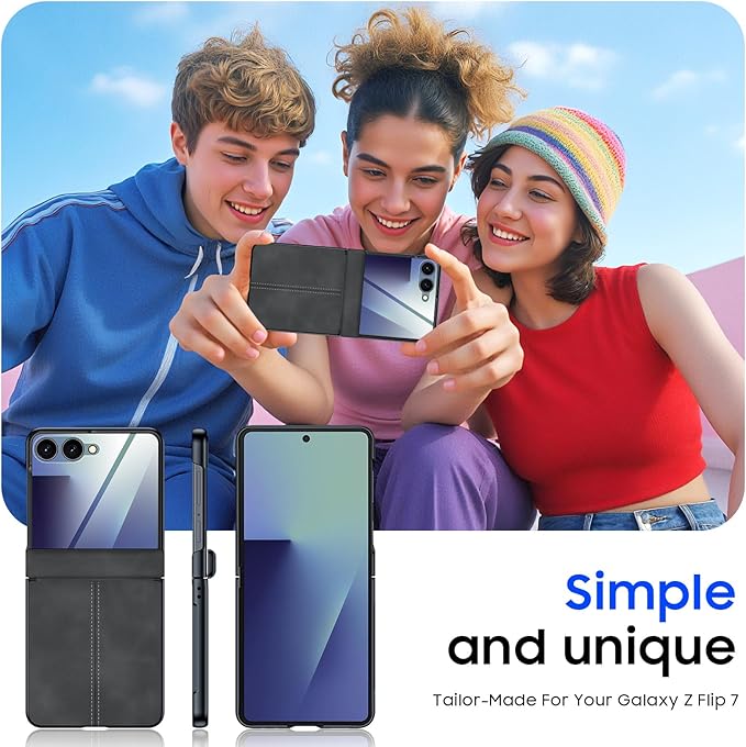 for Samsung Galaxy Z Flip 7 Case with Hinge Protection & Built-in Screen Protector, Ultra Thin Stylish Leather Matte PC Durable Shockproof Cover Phone Case for Galaxy Z Flip 7-Black Gray