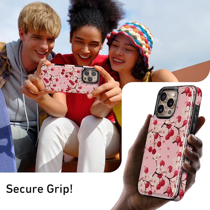 FUNMIKO for iPhone 16 Pro Wallet Case with Card Holder, RFID-Blocking, Military-Grade Protection & UV-Printed Artwork, Magnetic Closure with Leather Kickstand - Cherry Blossom