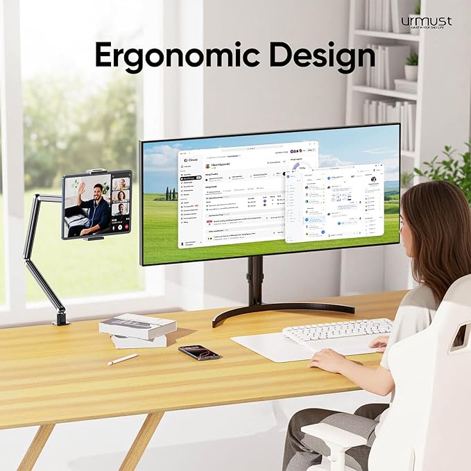 Urmust Tablet Stand for Desk, Adjustable iPad Holder Clamp Mount, 360° Rotation, Sturdy Aluminum Tablet Arm Mount for 4.7"-13" iPad Pro/Air/Mini, iPhone, Galaxy Tab, for Kitchen, Work, Video Call