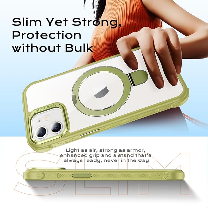 Anqrp O-Ring Magnetic Kickstand Clear Case for iPhone 12/12 Pro, Compatible with Mag-Safe, Military-Grade Reinforced 4-Corners Anti-Yellowing Transparent Phone Case Cover for iPhone 12/12 Pro, Green