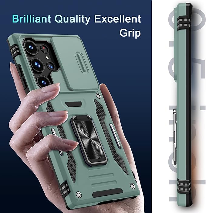 DEERLAMN Case for Samsung Galaxy S25 Ultra with Slide Camera Cover+Screen Protector (1 Pack), Rotated Ring Kickstand Military Grade Shockproof Protective Cover-Green