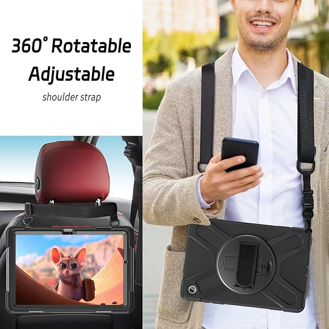ZenRich Rugged Case for Samsung Galaxy Tab A9+/A9 Plus 11โ Built-in Screen Protector Heavy Duty Full-Body Shockproof Case w/ 360ยฐRotating Stand, Hand/Shoulder Strap,Pencil Holder