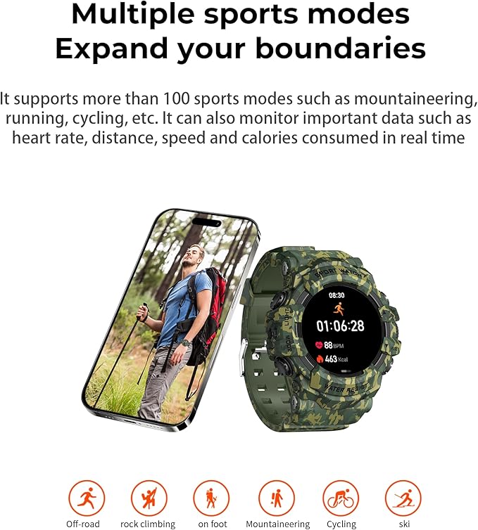 MIDDOW Military Smart Watch with Flashlight (Answer/Make Call) Compass, Heart Rate/Sleep/Sports Tracker, IP68 Waterproof, Long Battery Life, HD Screen, Android & iOS (Camo Green)