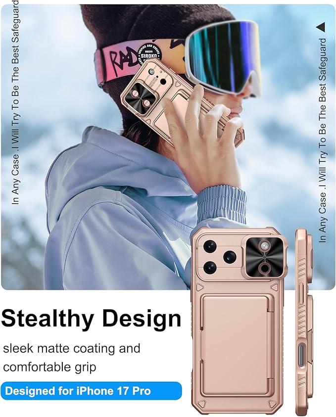 for iPhone 17 Pro Phone Case Wallet, Card Holder (4-5 Cards), Slide Camera Cover, Military Grade Protection, Rugged Hard Women Girly Men Protective Case for iPhone17 Pro 6.3", Rose Gold