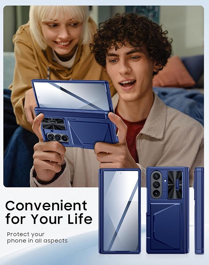 for Samsung Galaxy Z Fold 7 Case with Card Holder RFID Blocking, Built in Slide Lens Cover & Hinge Protection & Screen Protector, Shockproof Wallet Case for Z Fold 7 (Sapphire Blue)