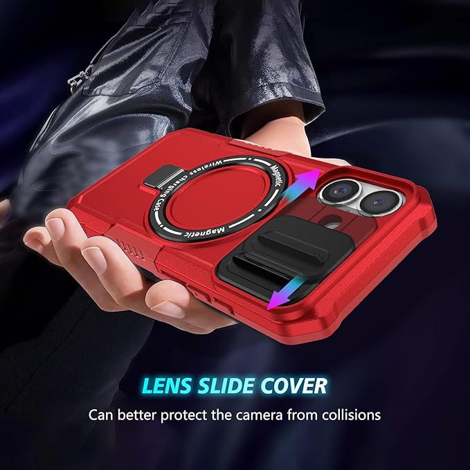 for iPhone 16 Plus Case Magnetic Compatible with MagSafe Wireless Charging,Built-in 360°Kickstand,with Camera Cover,with 2 Screen Protector,Anti-Scratch Shockproof Heavy Duty Protection Red
