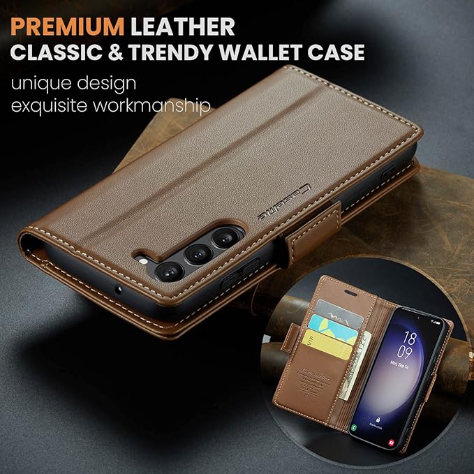 Case for Samsung Galaxy S23 Wallet Case, RFID Blocking PU Leather Flip Folio Cover Card Holder Kickstand Shockproof Phone Case Compatible with Samsung Galaxy S23, Brown