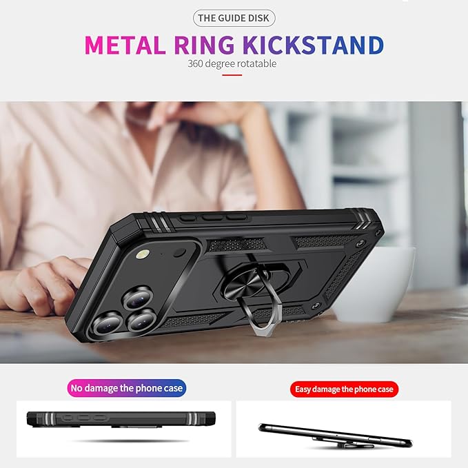 ADDIT Compatible with iPhone 17 Pro Case with Tempered Glass Screen Protector, Adjustable Kickstand Ring, Military-Grade Heavy Duty Protection, Shockproof, Anti-Fingerprint, Black