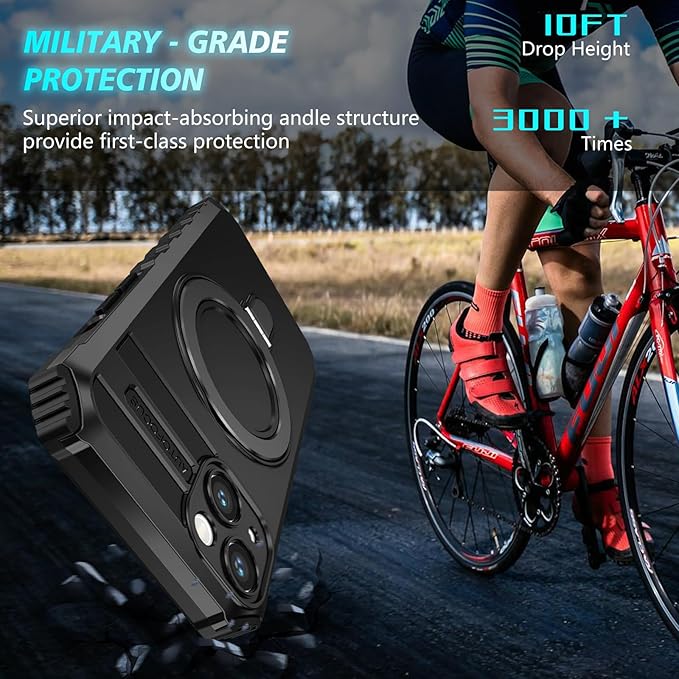 for iPhone 15 Case Magnetic Compatible with MagSafe Wireless Charging,with 2 Screen Protectors,Built-in Kickstand Ring,Shockproof Shock-Absorbent Scratch Resistant Heavy Duty Protection Black