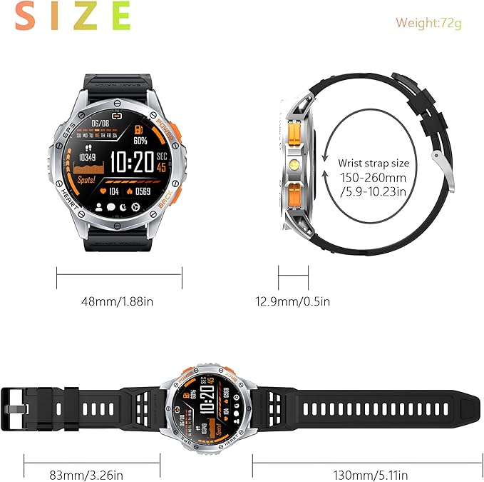 Military Smart Watch for Men & Women, 1.43" AMOLED Smartwatch with 100+ Sport Modes,Heart Rate Monitor, Compass, Flashlight, GPS, Compatible iOS & Android (Silver)