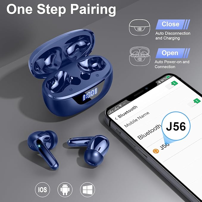 Wireless Earbuds, Bluetooth 5.4 Headphones, ENC Noise Cancelling Mic Ear buds with Stereo Bass, 48H Playtime Earphones , LED Display, IP7 Waterproof In Ear EarBuds for Phone Android iOS Sports, Blue