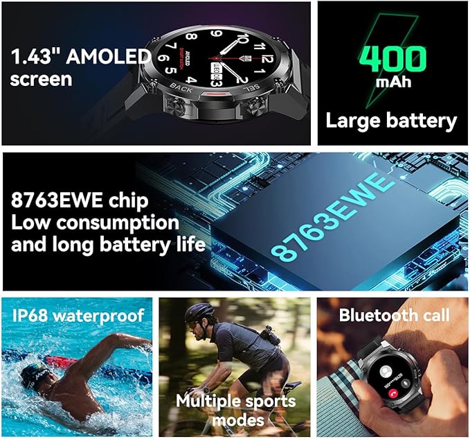 Men's Smartwatch Fitness Watch Outdoor Watch NFC Bluetooth Call Health Monitoring Heart Rate Oximetry 1.43 AMOLED Normal Bright Screen (Silver)