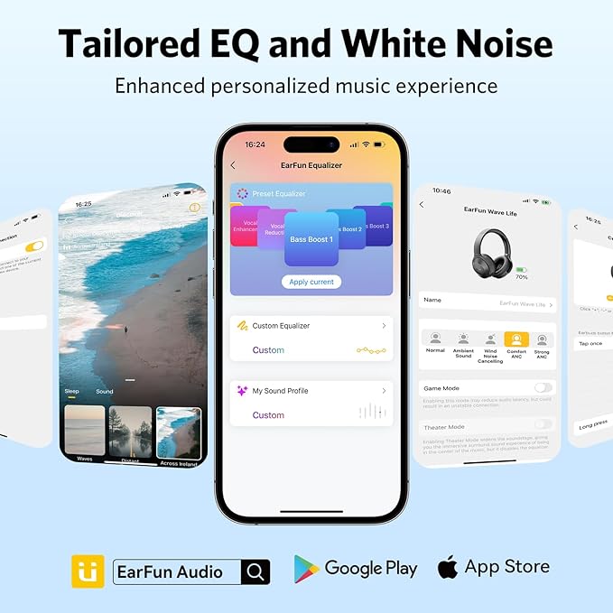 EarFun Wave Life Hybrid Active Noise Cancelling Headphones, Wireless Over Ear Bluetooth 5.4 Headphones, 4 Mics AI Clear Call, Deep Bass, 60H Playtime, Comfortable Fit, Custom EQ, Multipoint Connection