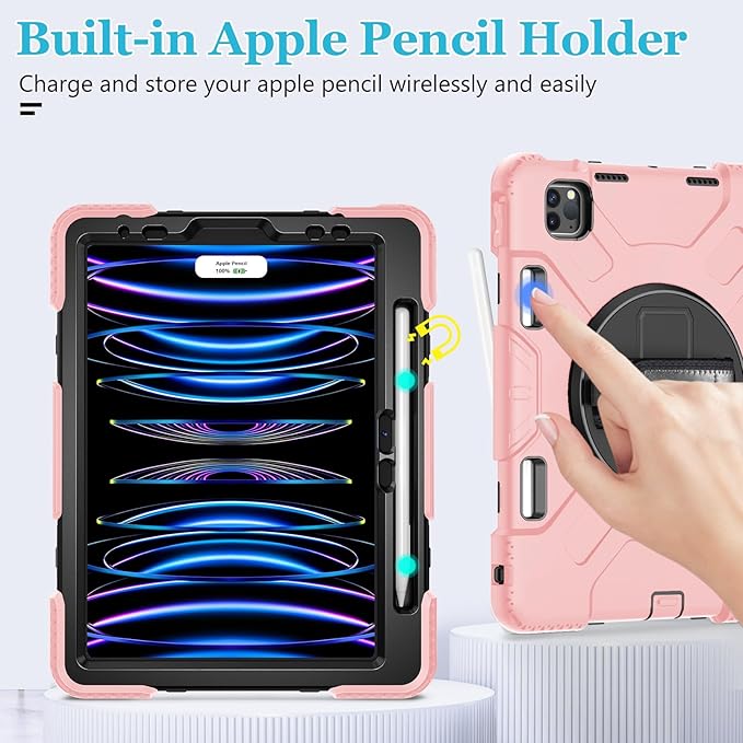 Case for iPad Pro 11 Inch 2022/2021/ 2020/2018: Silicone Cover for iPad 11 Inch 4th/ 3rd/ 2nd/ 1st/ Generation with Screen Protector- Stand- Handle- Shoulder Strap- Pencil Holder- Rose Gold