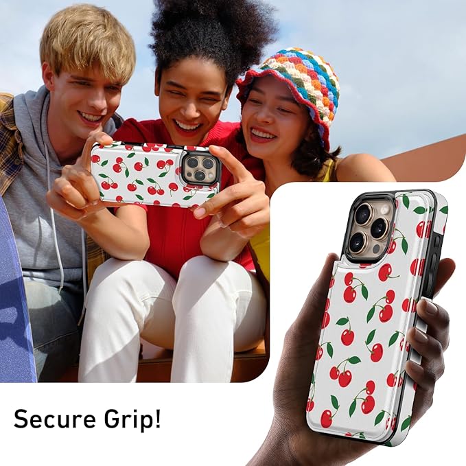 FUNMIKO for iPhone 16 Pro Max Wallet Case with Card Holder, RFID-Blocking, Military-Grade Protection & UV-Printed Artwork, Magnetic Closure with Leather Kickstand - Juicy Cherries