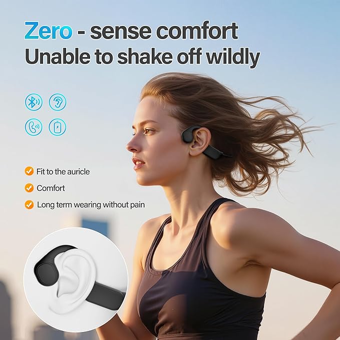 New Bone Conduction Headphones, 12Hrs Playtime Wireless Headphones,Bluetooth 5.4 Open-Ear Headphones with Mic,Waterproof Sports Earphones with earplugs, for Running, Cycling, Travling (Black)