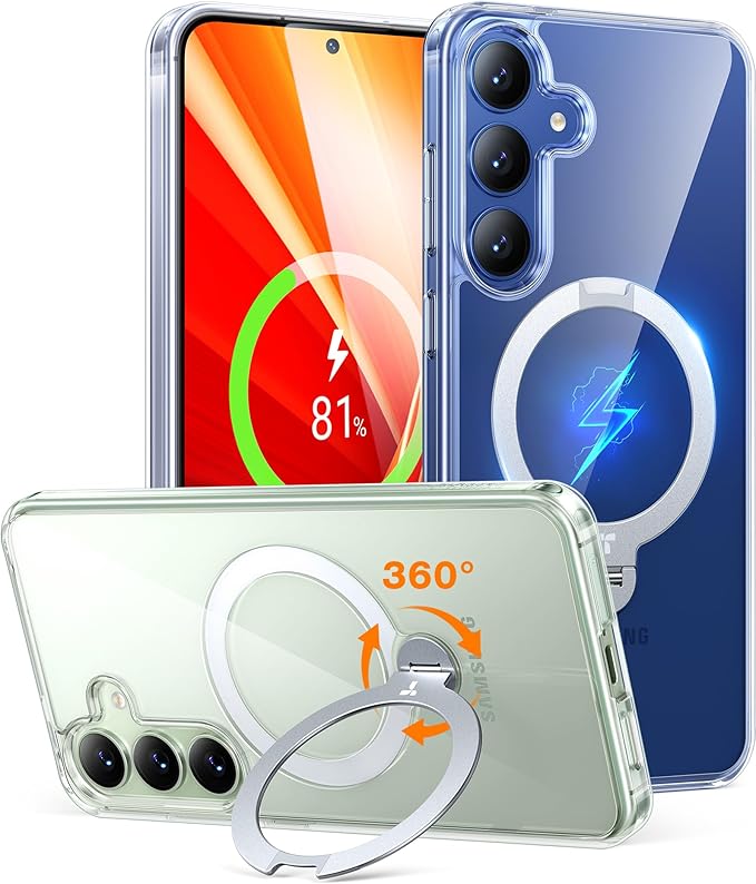 TORRAS 360Spin Magnetic Stand for Samsung Galaxy S25 Plus Case (2025), Fit for Magsafe Military Grade Shockproof Slim Protective S25+ Plus Case with Kickstand & Ring Holder, Ostand Spin, Clear