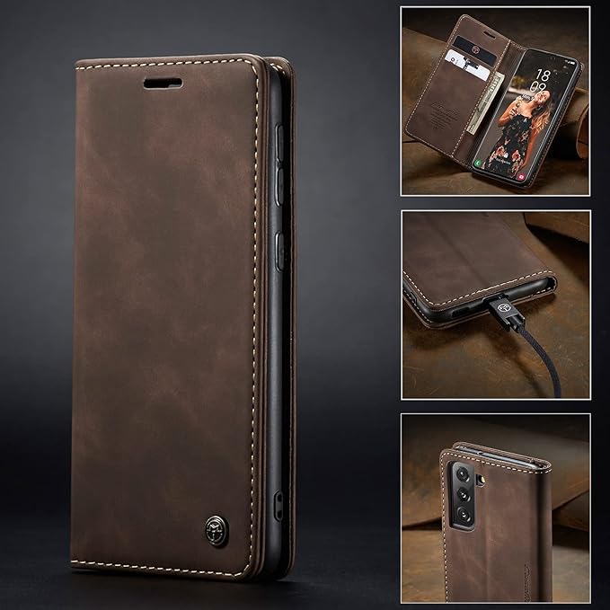 for Samsung Galaxy S21 FE Case, Flip Wallet Leather Case with Card Holder Magnetic Closure Shockproof Kickstand Protective Phone Cases Cover for Samsung S21 FE,Coffee